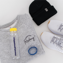Load image into Gallery viewer, Everyday Resiliency grey sweater, with waterbottle, black beanie and Nikes
